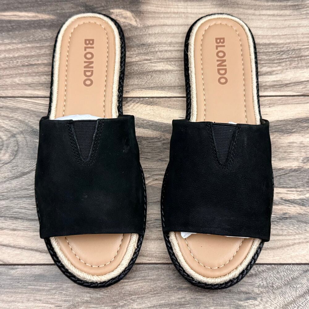 NIB Blondo 8.5M Waterproof Emilia Black Nubuck Slide Flat Sandals Jute Trim - Picture 3 of 12